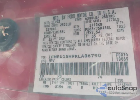 1994 Ford Bronco U100 z USA, uszkodzony, nr VIN 1FMEU15H9RLA06790